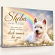 Tiergrabstein mit Regenbogenbrücke und Foto eines West Highland Terriers auf einer Blumenwiese, Name, Lebensdaten und Trauerspruch, personalisiert aus Alu-Dibond