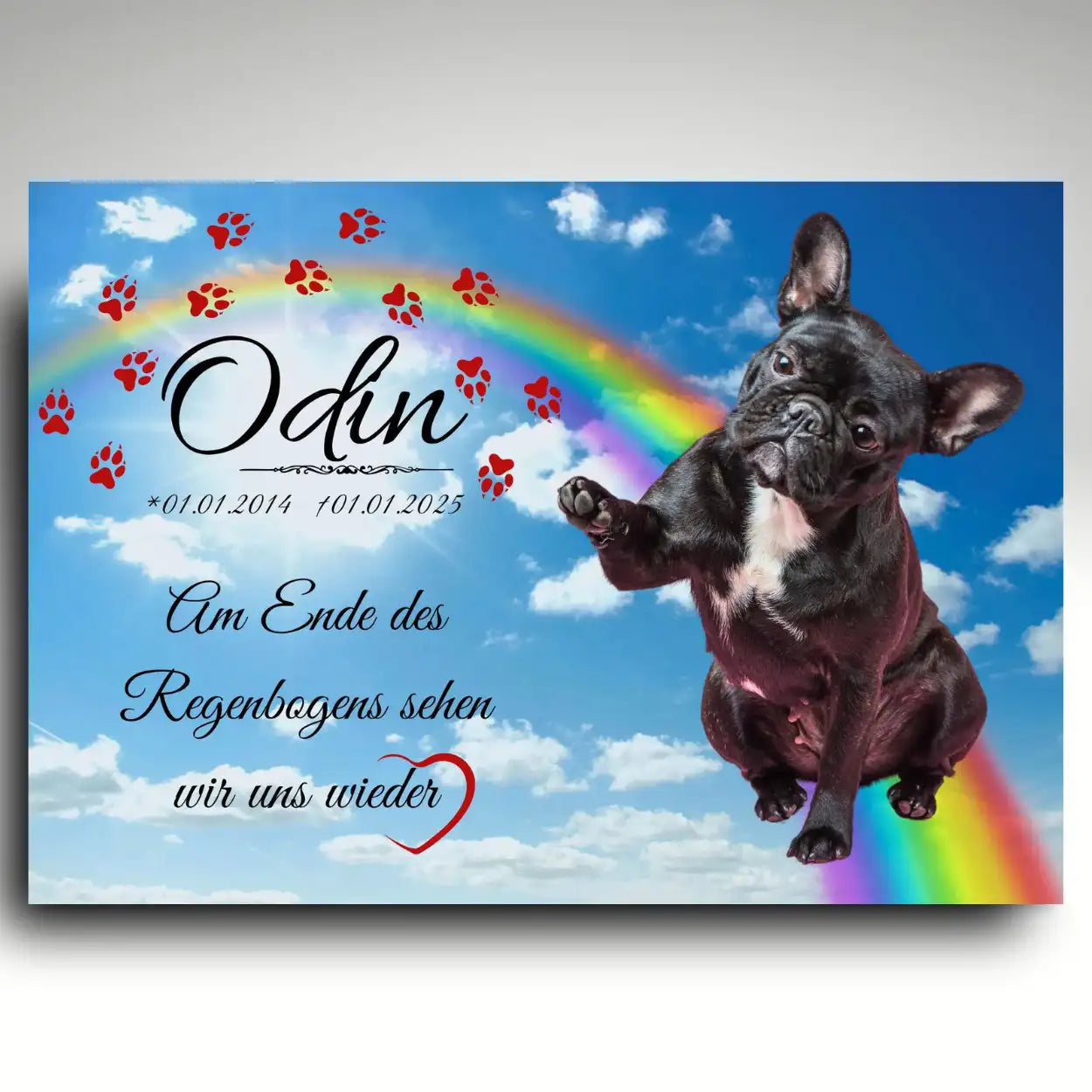 Tiergrabstein Hund mit Regenbogenbrücke, wetterfeste Gedenktafel aus Alu-Dibond mit persönlichem Foto und Trauerspruch