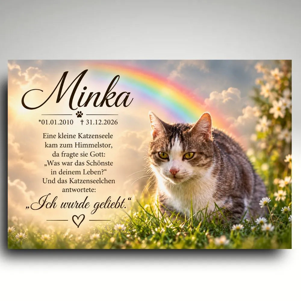 Alu-Dibond Tiergrabstein mit Katzenbild an der Regenbogenbrücke und persönlichem Trauerspruch