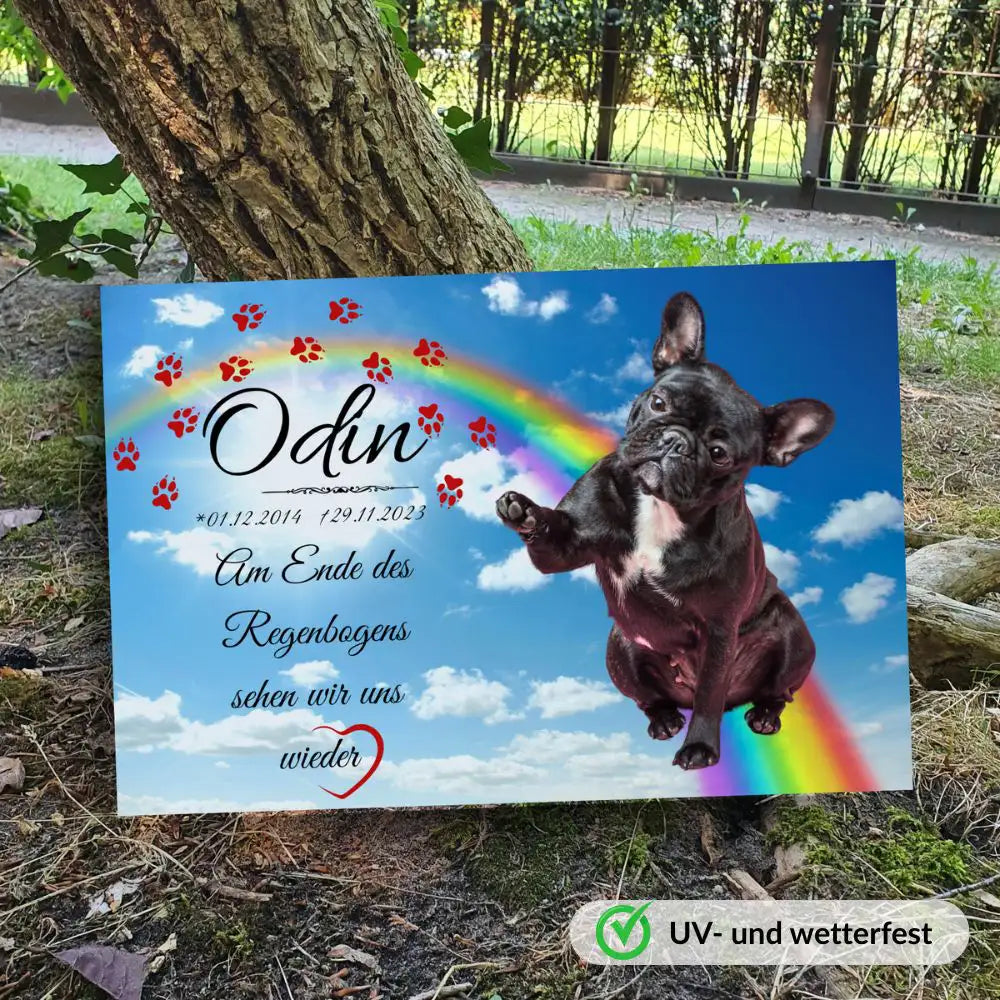 Personalisiertes Gedenkbild mit Regenbogenbrücke, Pfotenmotiv und Tierhimmel – wetterfester Tiergrabstein aus Alu-Dibond