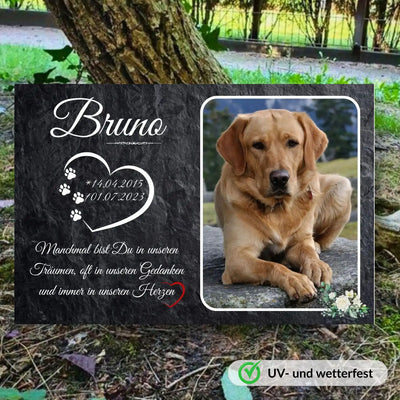 Individuell bedruckter Tiergrabstein mit Foto in Schiefer-Optik – Gedenktafel am Tierfriedhof