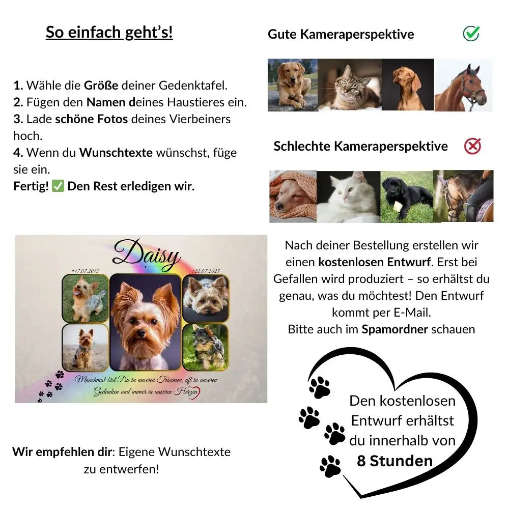 Tiergrabstein selbst gestalten, Übersicht zur Fotoauswahl, zur Personalisierung und zum kostenlosen Entwurf