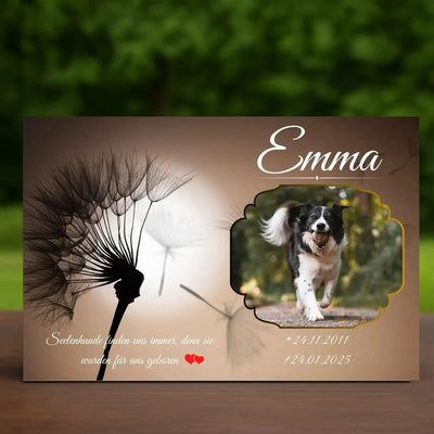 Tiergrabstein mit Pusteblume für verstorbenen Hund – personalisiert mit Foto, Namen und Datum