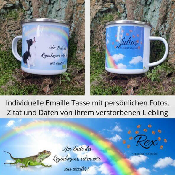 Kaffeetasse mit Leguan, Tiernamen, Trauerzitat und Regenbogen aus Emaille. Tasse zeigt den Tierhimmel mit Daten des Tieres.