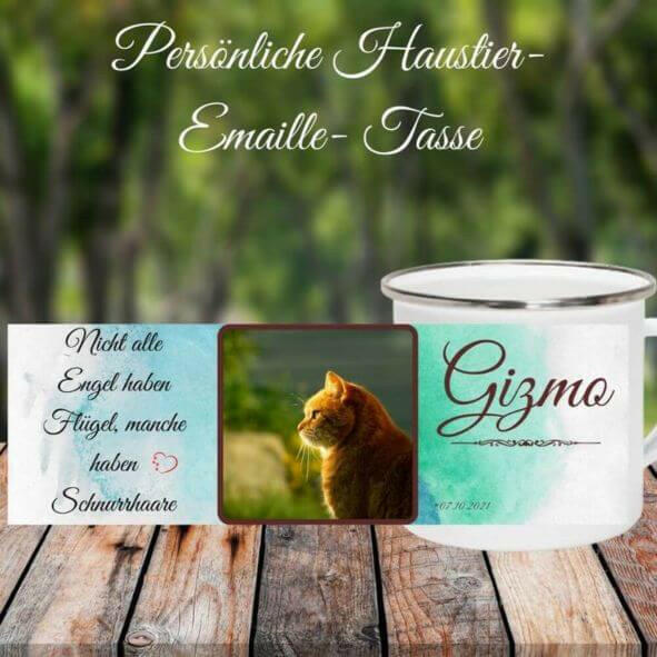 Emaille Tasse mit Katzenbild auf grünem Hintergrund. Kafeetasse mit Tierzitat und Katzennamen.