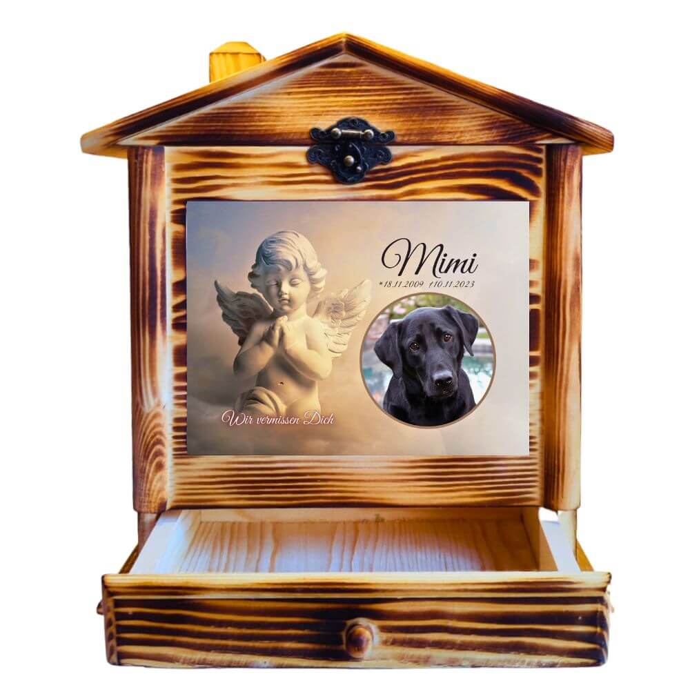 Urne für Hunde mit Engel und Hundepfoten. Personalisierte Urne für Tiere mit Tiernamen Trauerzitat oder Wunschtext.