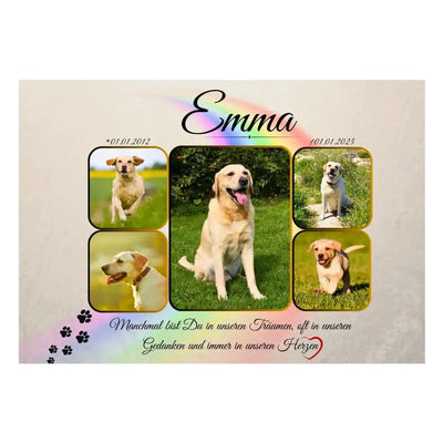 Wandbild für verstorbene Hunde mit fünf Fotos, Regenbogenbrücke und Pfotenabdrücken
