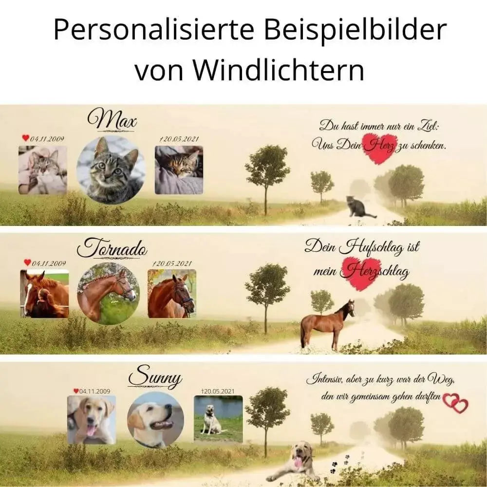 Beispiele für dein personalisiertes Windlicht deines Haustieres mit Wunschtext und Foto