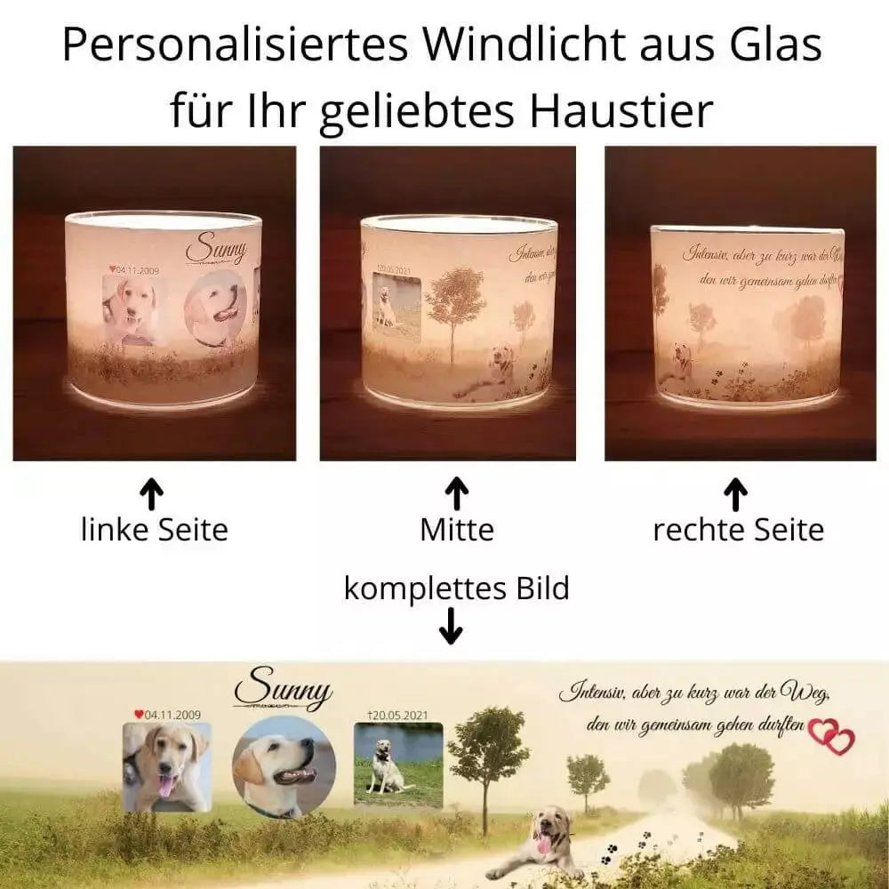 Erklärung des personalisierten Windlichts von deinem Tier mit Wunschtext und Foto