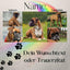 Tiergrabstein mit Fotocollage deines Hundes personalisiert mit Pfotenabdrücke und Regenbogen.