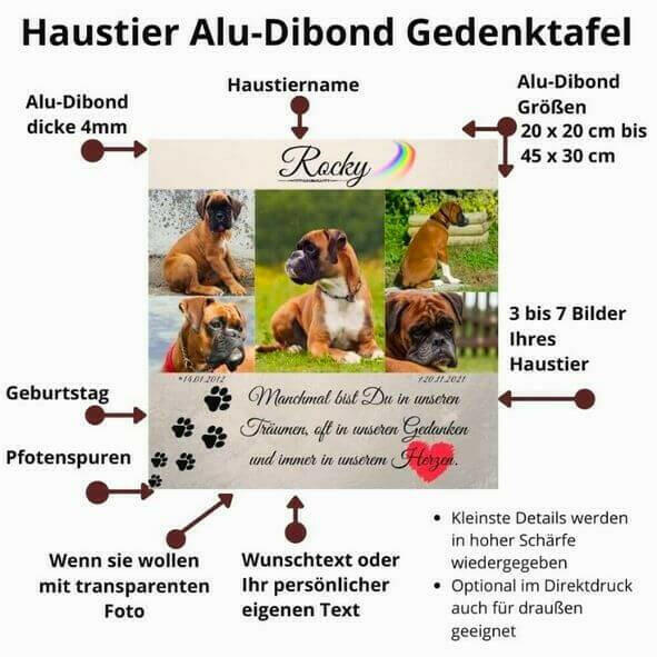 Beschreibung einer personalisierten Grabtafel für Haustiere. Das Tiergrabstein zeigt bilder eines Boxer Hundes mit Namen und Informationen.