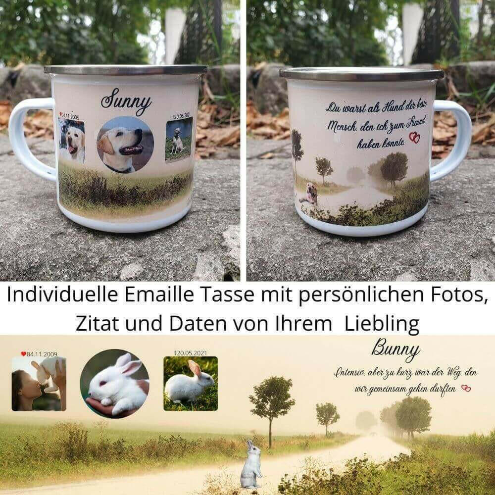 Kaffeetasse mit Bild von Deinem Haustier. Emaille Tasse personalisiert mit Deinem Haustier Bilder und Daten.