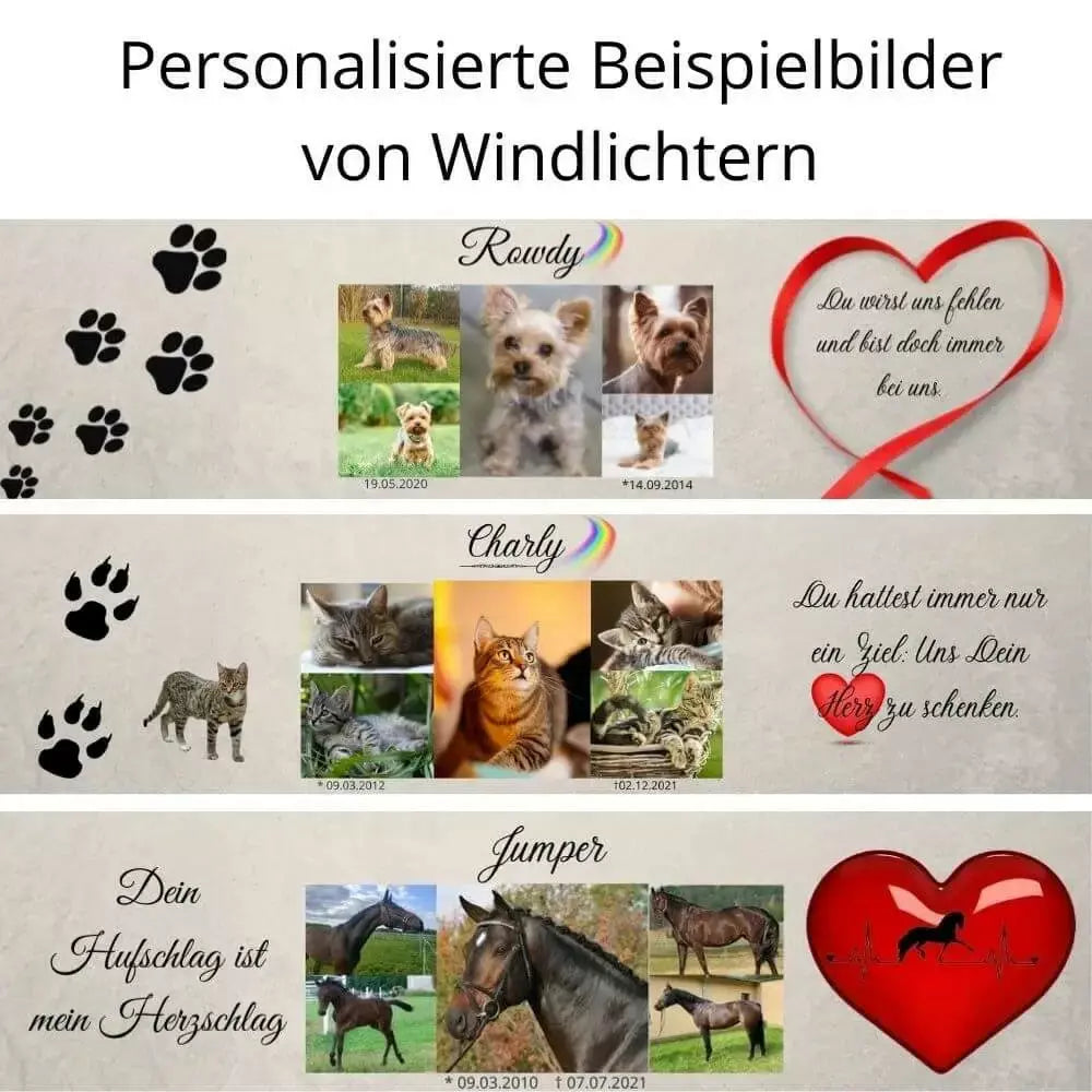 Haustierbilder für Windlichter. Personalisiertes Teelicht aus Glas. Haustierbilder personalisiert mit Haustiere, Namen, Informationen und Trauerzitat.