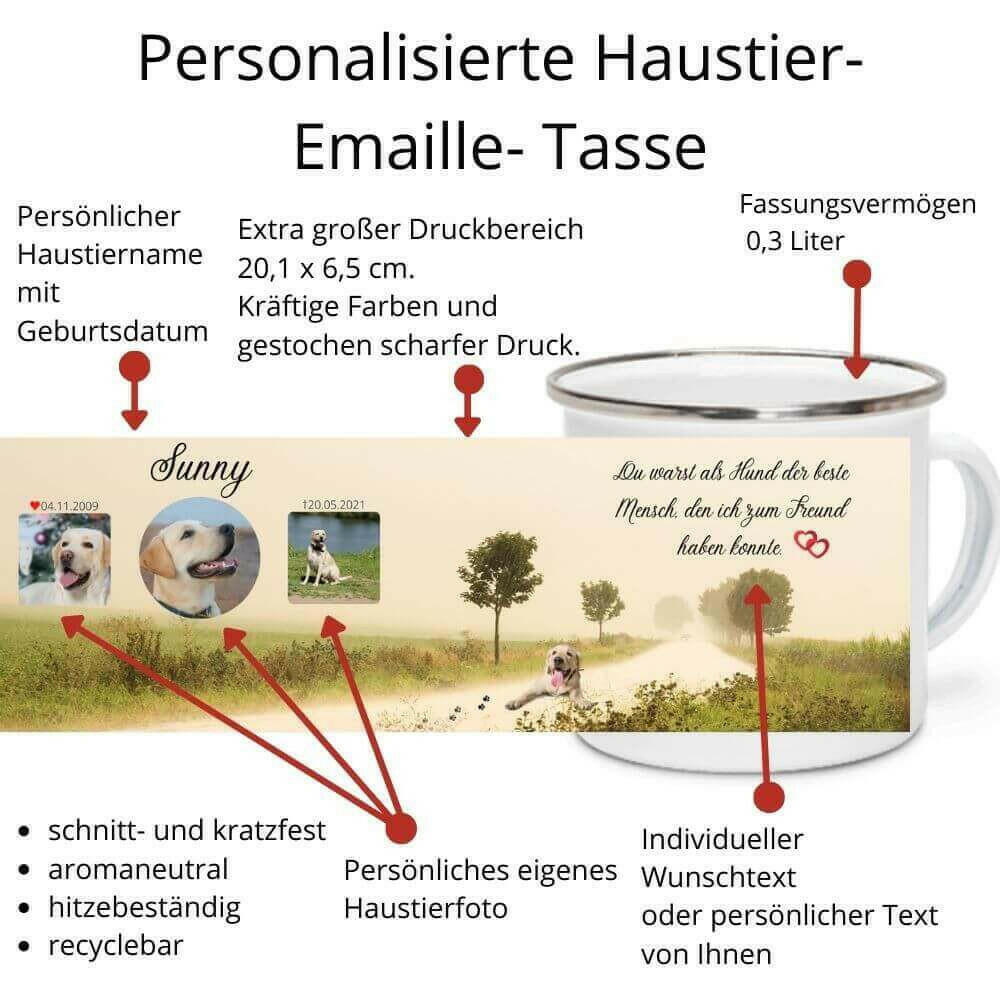 Emaille Tasse personalisiert von Deinem Hund. Erinnerung an Deinen Hund von Deiner Fototasse mit Text und Daten.