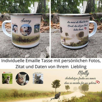 Katzen Tasse personalisiert mit Tierdaten und Zitat. Erinnerung an Deiner Fellnase gedruckt auf einer Emaille Tasse.