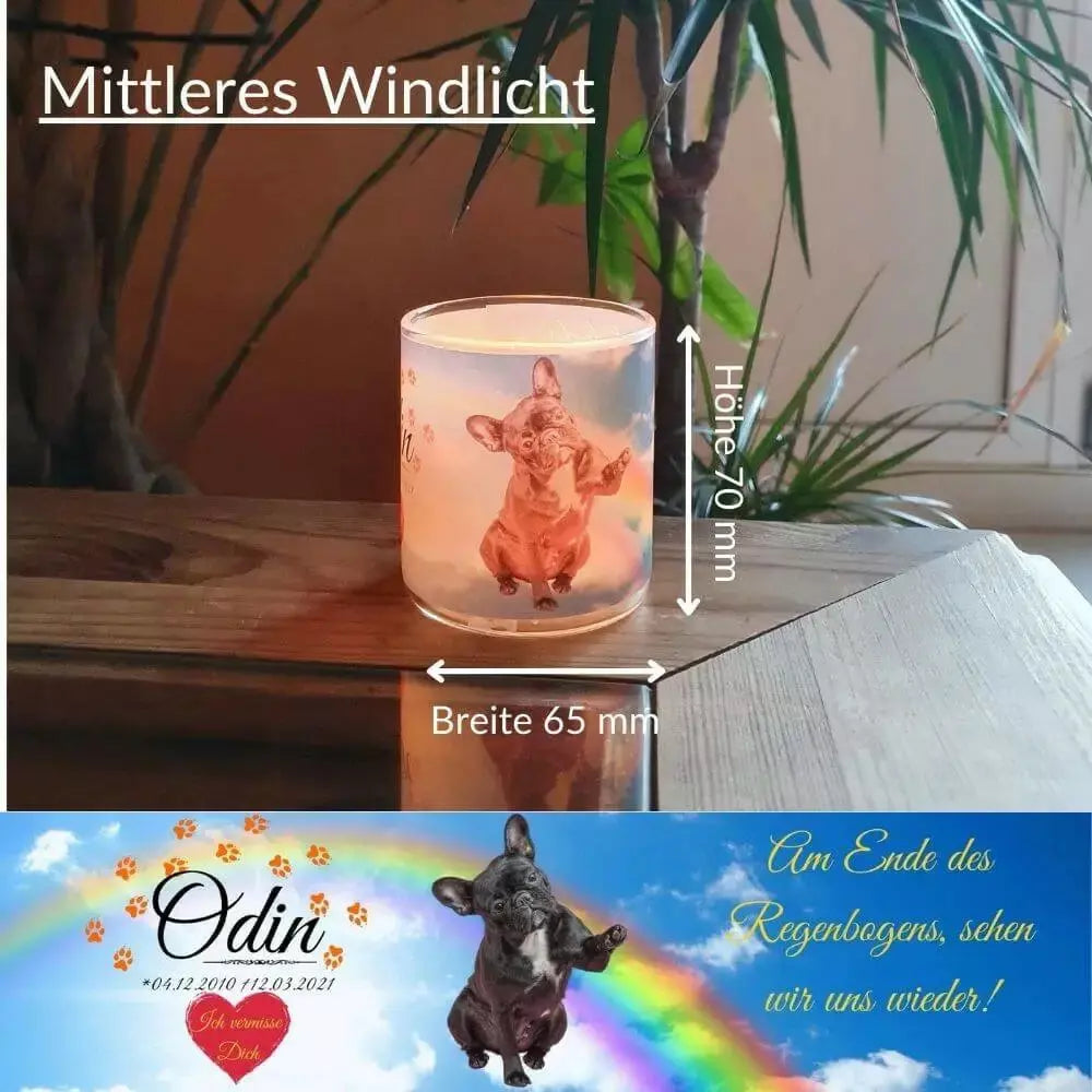 Windlicht-Glas mit Haustier Portraits. Teelicht mit Trauerkerze. Windlicht-Glas personalisiert mit Lieblingsbilder, Informationen und Trauerzitat.
