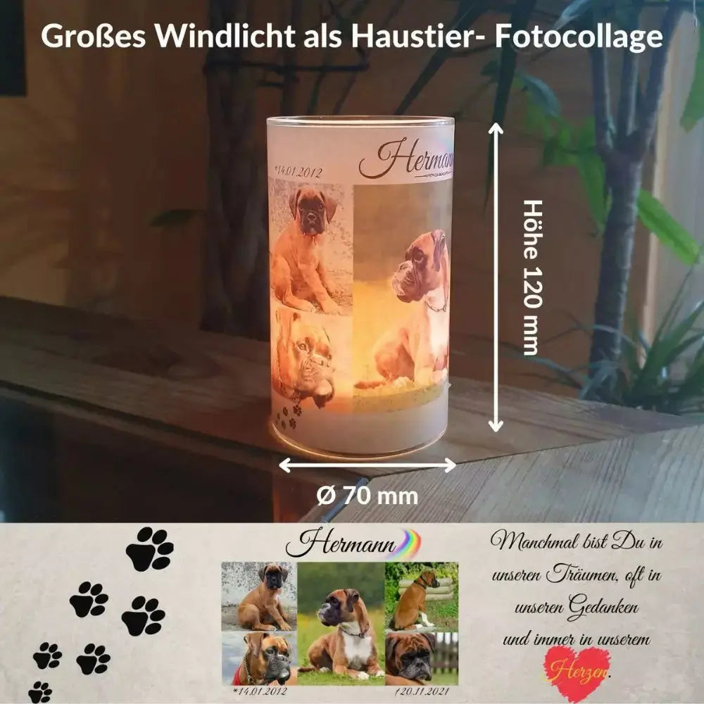 Windlicht selbst gestalten. Teelichtglas von Deinem Haustier. Grablicht personalisiert mit Haustierbilder, Namen, Information und Trauerzitat.