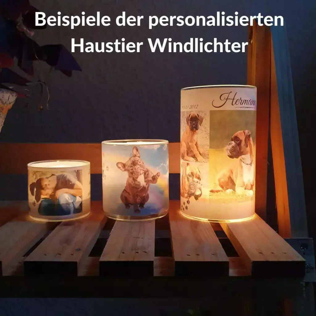 Leuchtende Windlichter mit Haustierbilder. Grablichter aus Glas. Personalisierte Windlichter mit Haustierbilder, Namen, Daten und Trauerzitat.